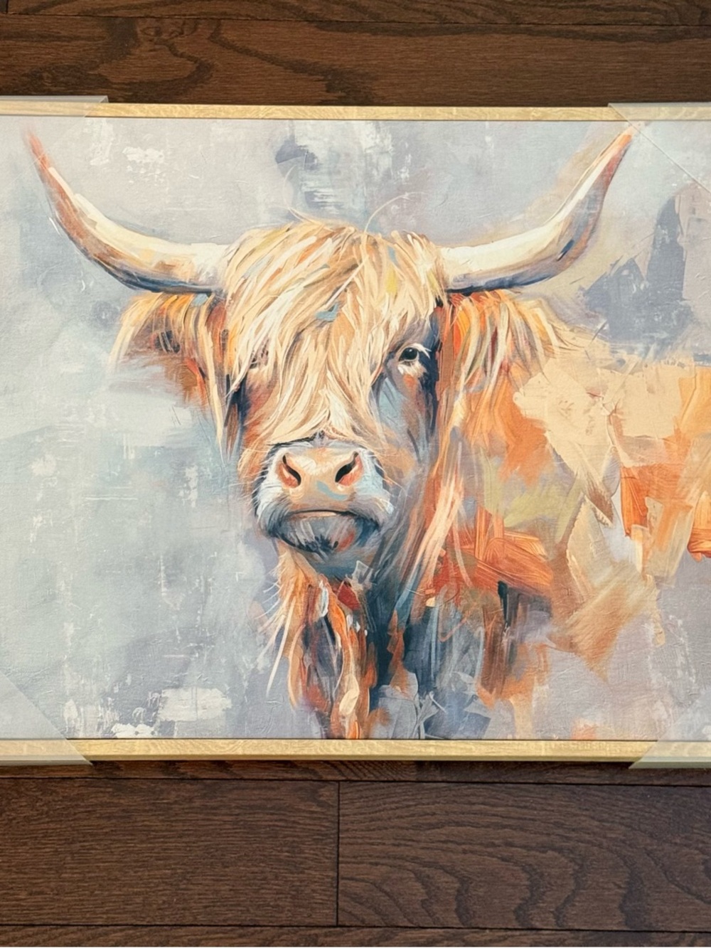 Highland Cow Canvas Wall Art - Coral & Light Blue Palette